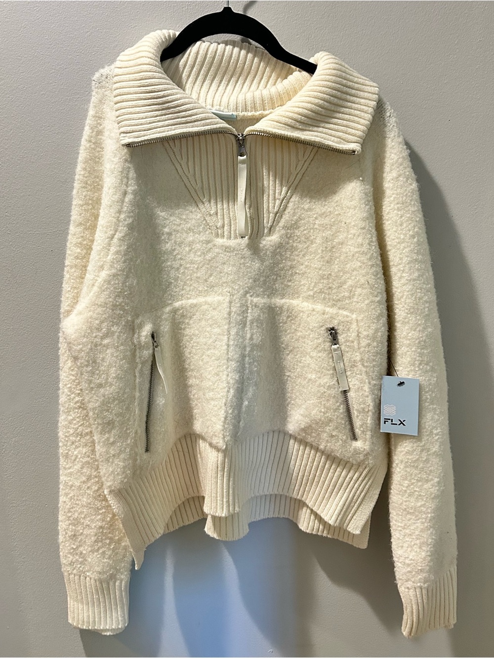 Cream Zip-Neck Bouclé Pullover Jacket